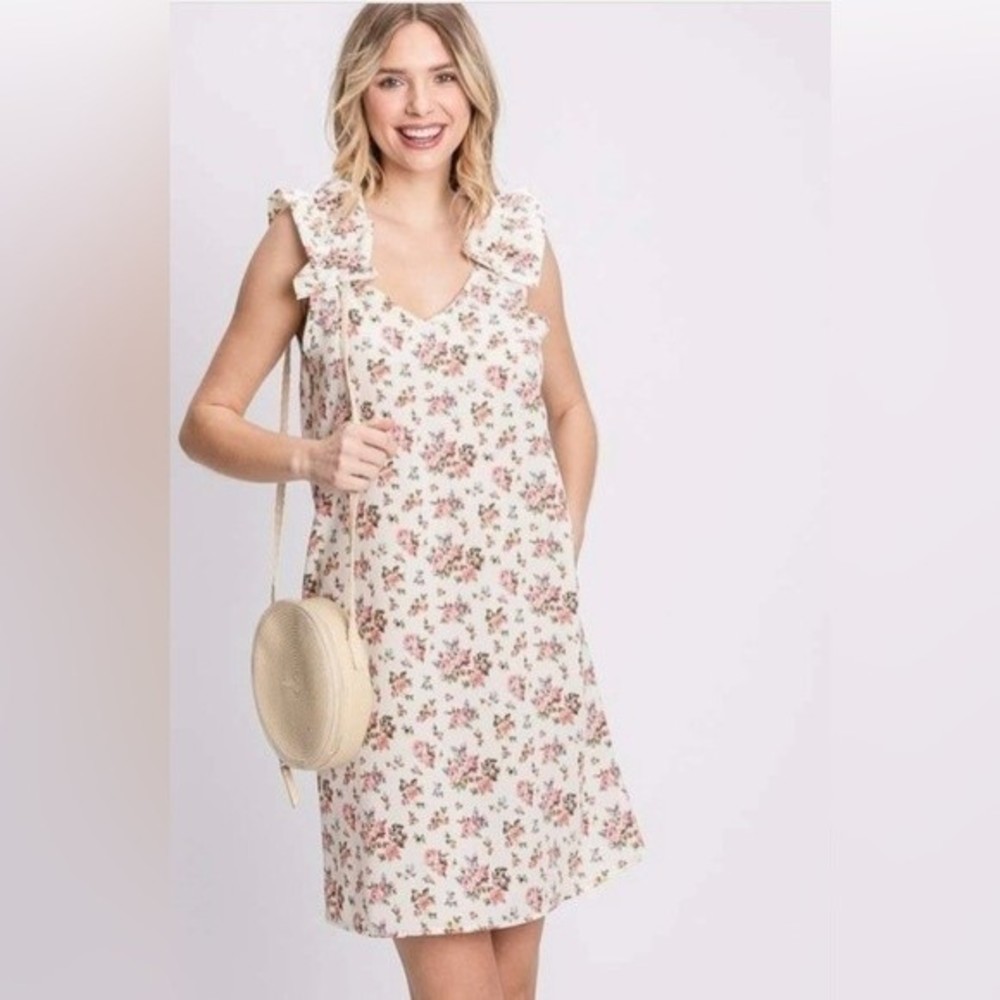 Jade by Jane ruched shoulder floral v-neck dress large cream and pink w/ pockets